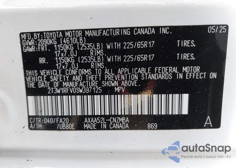 2025 Toyota Rav4 Xle z USA, uszkodzony, nr VIN 2T3W1RFV0SW397125